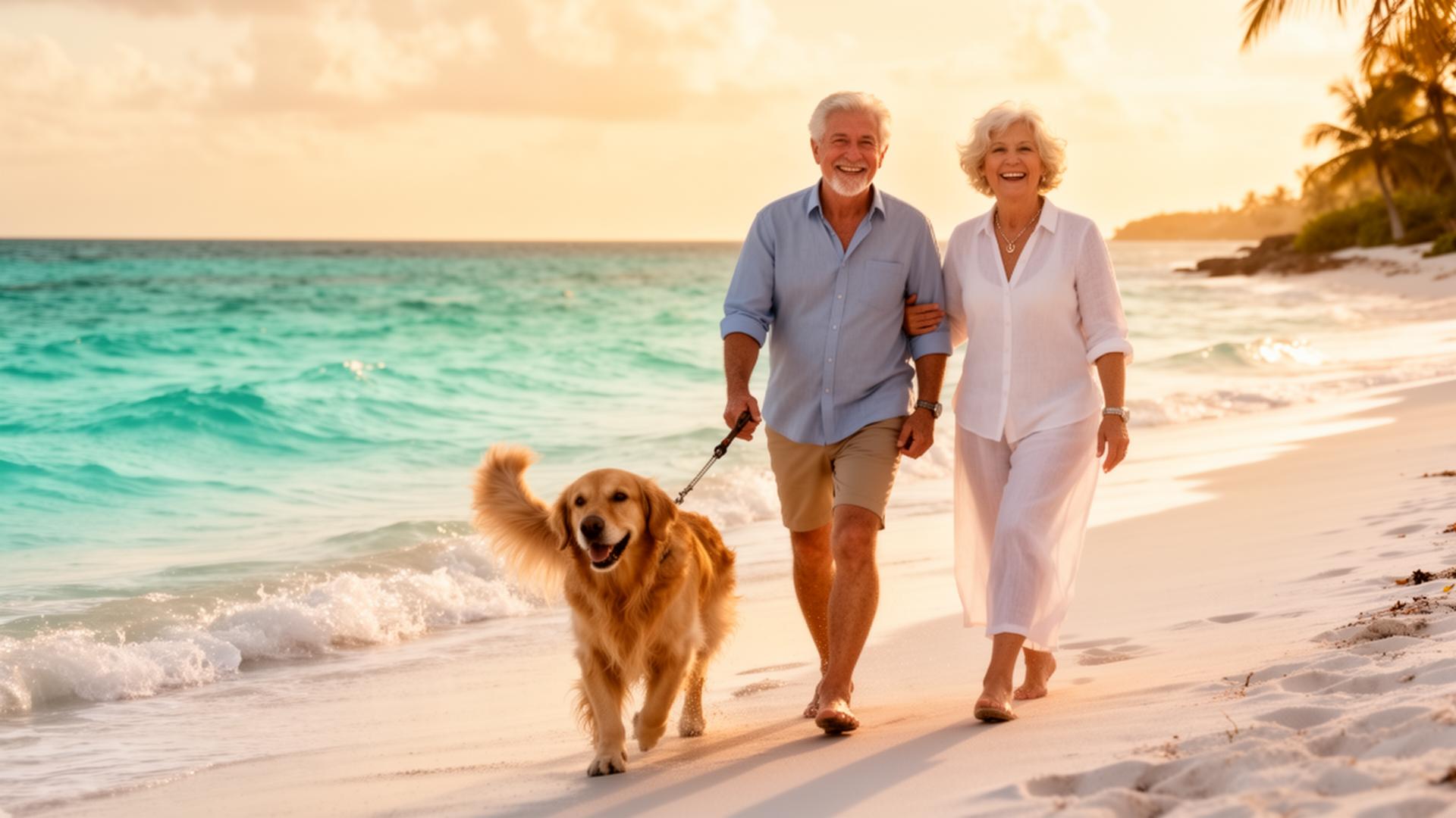 Happy older couple walking with their dog on the Caribbean coast